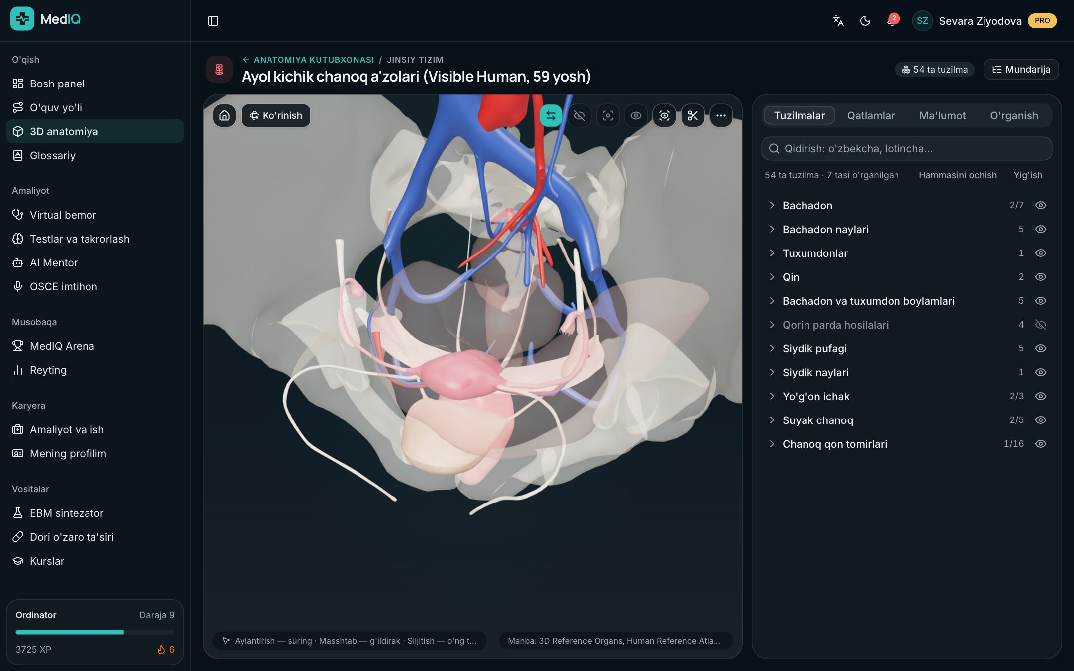 MedIQ ilovasi ekrani: 3D anatomiya va darslar