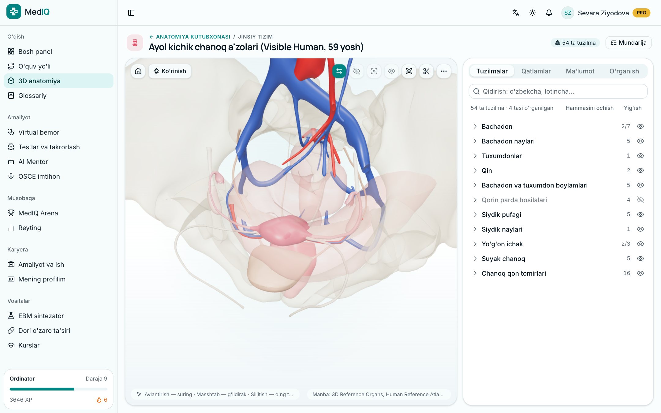 MedIQ ilovasi ekrani: 3D anatomiya va darslar