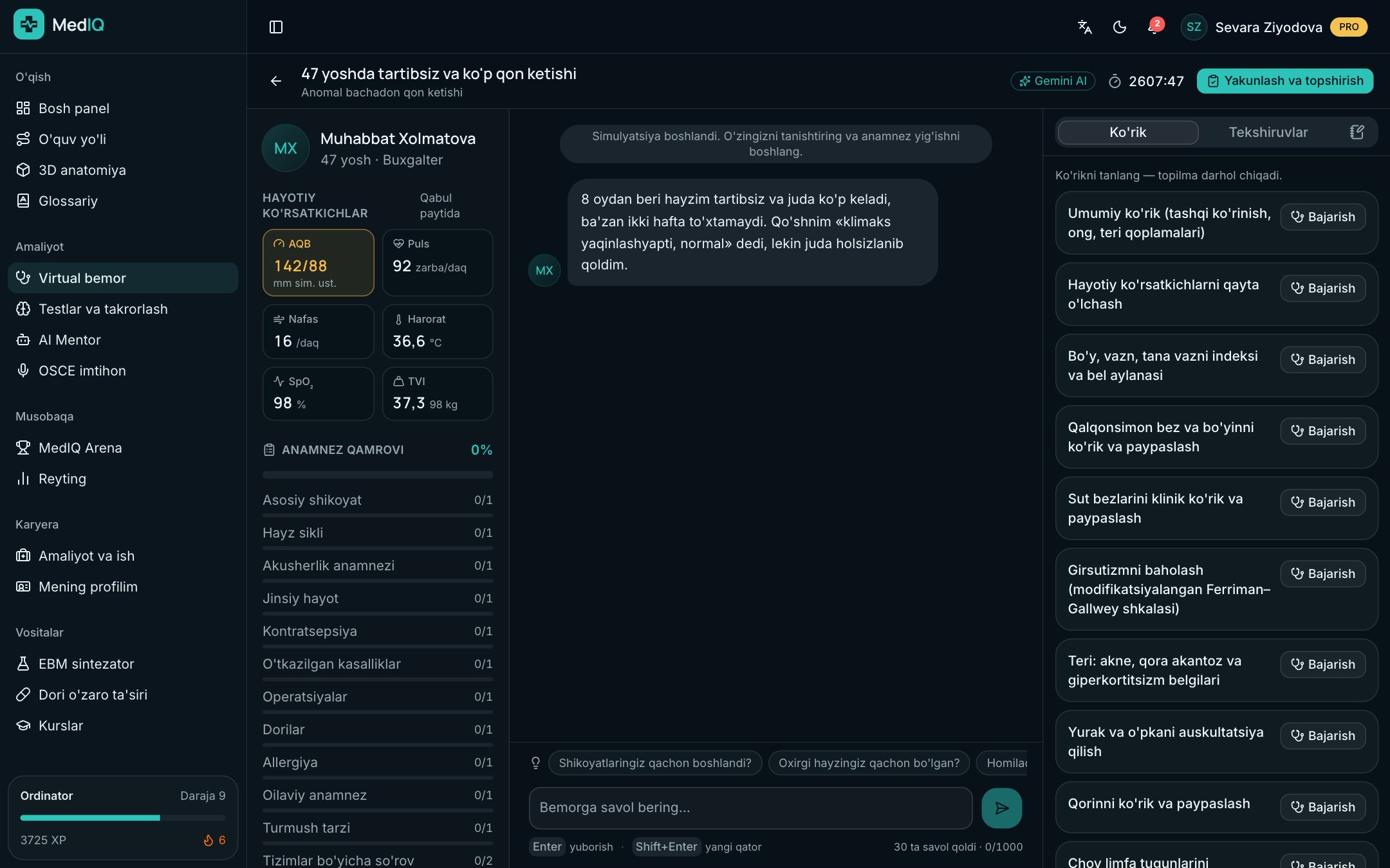 MedIQ ilovasi ekrani: Virtual bemor va OSCE