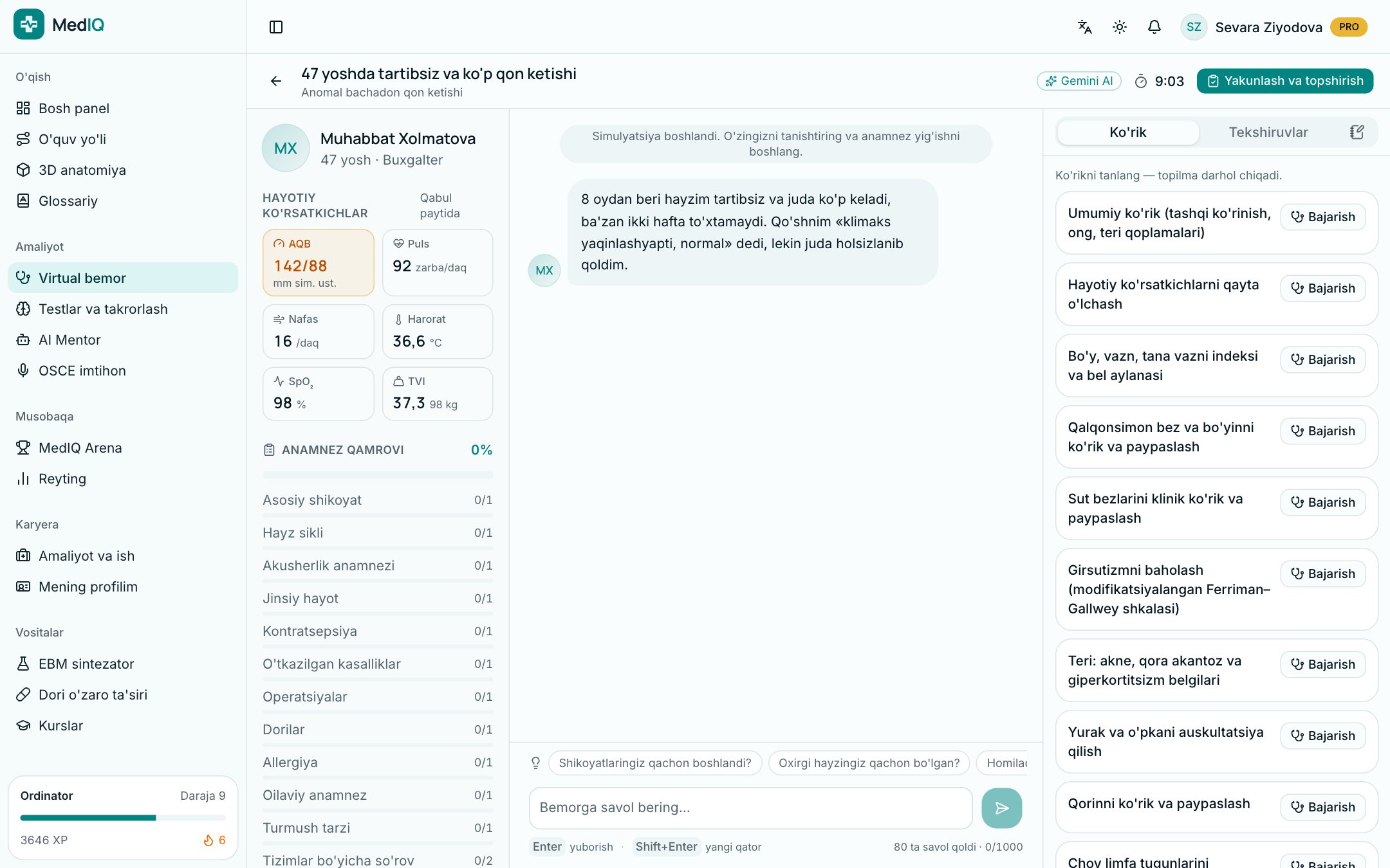 MedIQ ilovasi ekrani: Virtual bemor va OSCE