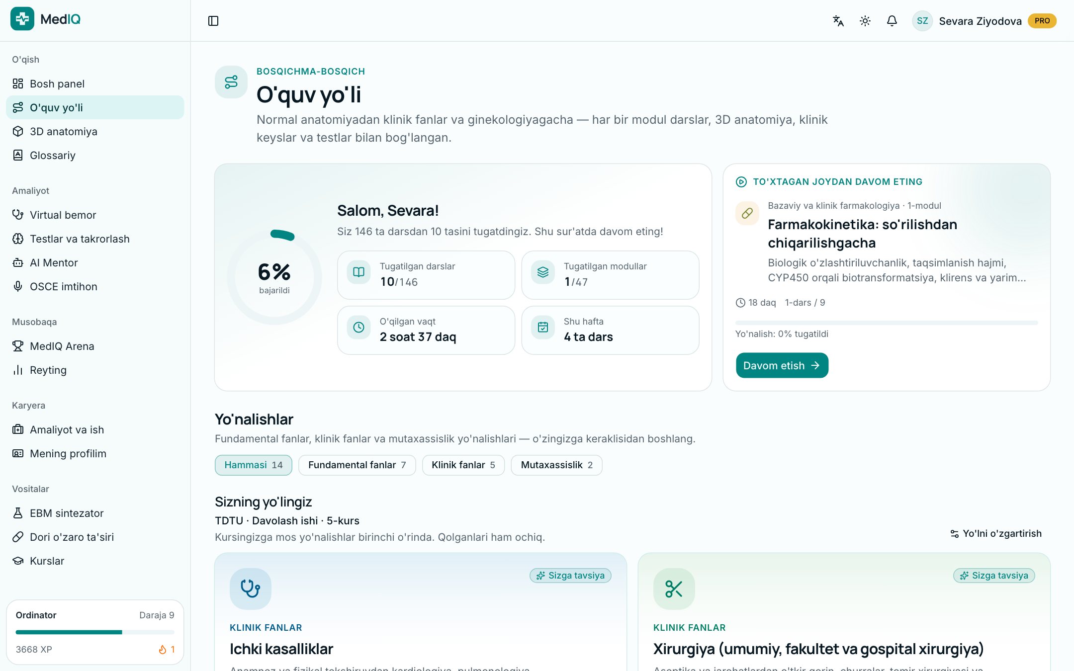MedIQ ilovasi ekrani: Bosqichma-bosqich modullar — anatomiyadan ginekologiyagacha