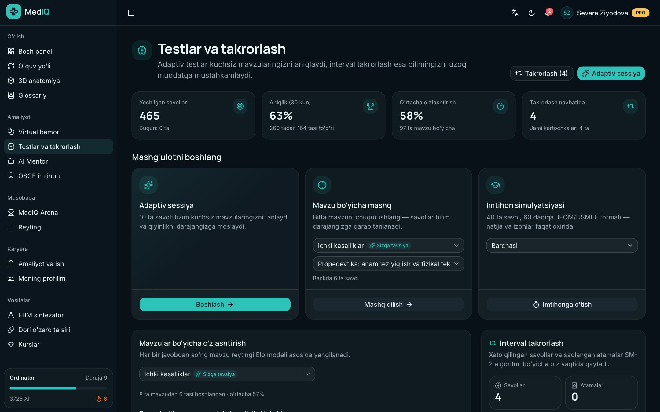 MedIQ ilovasi ekrani: Testlar, reyting va karyera