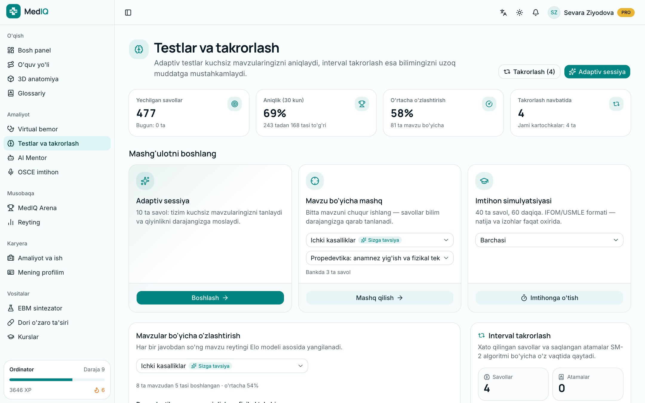 MedIQ ilovasi ekrani: Testlar, reyting va karyera